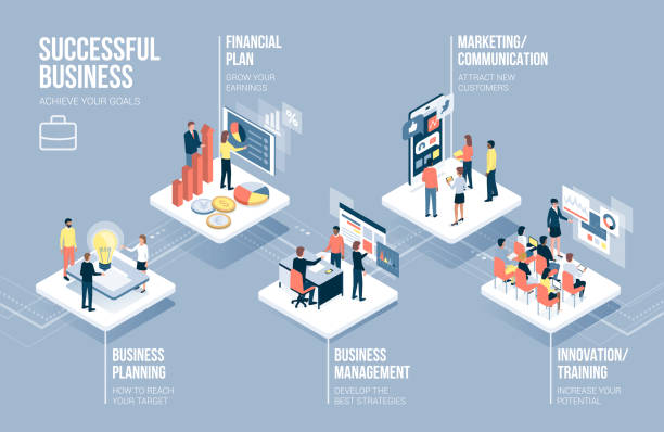 Business and technology infographic Business and technology infographic with corporate people working together on app buttons and business concepts isometric projection stock illustrations