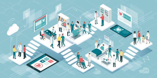 Medicine and healthcare Isometric virtual medical clinic with rooms, patients and doctors: medicine, healthcare and technology concept patient illustrations stock illustrations