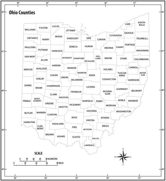 ohio state administrative und politische umriß in schwarz / weiß - ohio map county cartography stock-grafiken, -clipart, -cartoons und -symbole