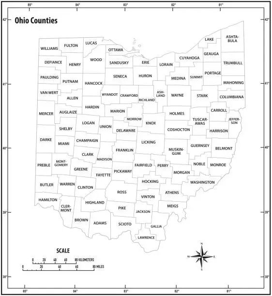Vector illustration of ohio state outline administrative and political map in black and white