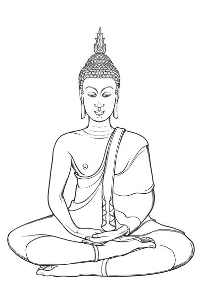 Statueof sitting Buddha meditating in the single lotus position. Intricate hand drawing isolated on white background. Tattoo design. Statueof sitting Buddha meditating in the single lotus position. Intricate hand drawing isolated on white background. Tattoo design. EPS10 vector illustration brahma illustrations stock illustrations