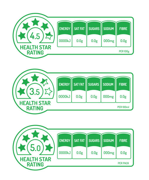ilustrações, clipart, desenhos animados e ícones de rótulos de fatos nutricionais com classificação de estrelas de saúde - grams