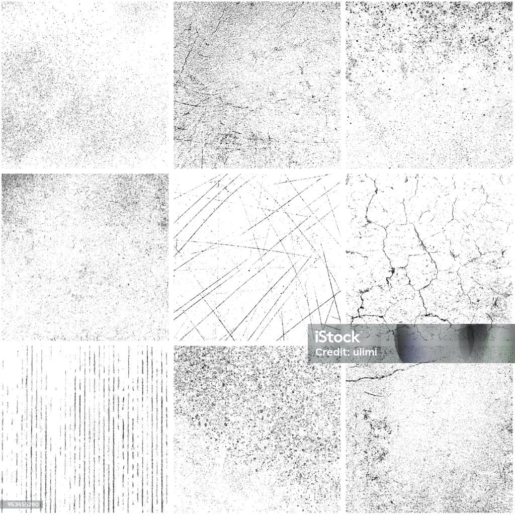 Grunge backgrounds Set of square grunge backgrounds. Different materials and variations. One color - black. Textured stock vector