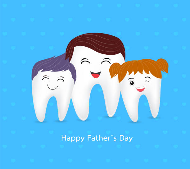 Cute cartoon tooth family. Happy Father Day, dental care concept. illustration on blue background funny fathers day stock illustrations
