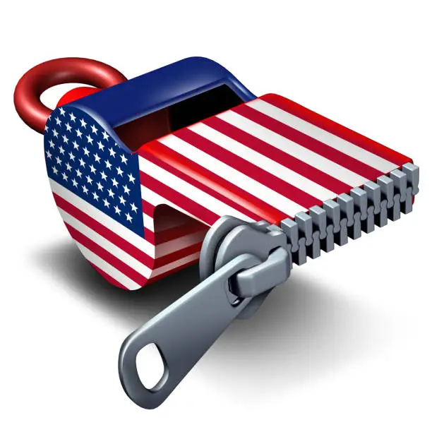 American freedom of the press and civil rights news or reporting restriction concept as a closed whistle with the United States flag as a 3D illustration.