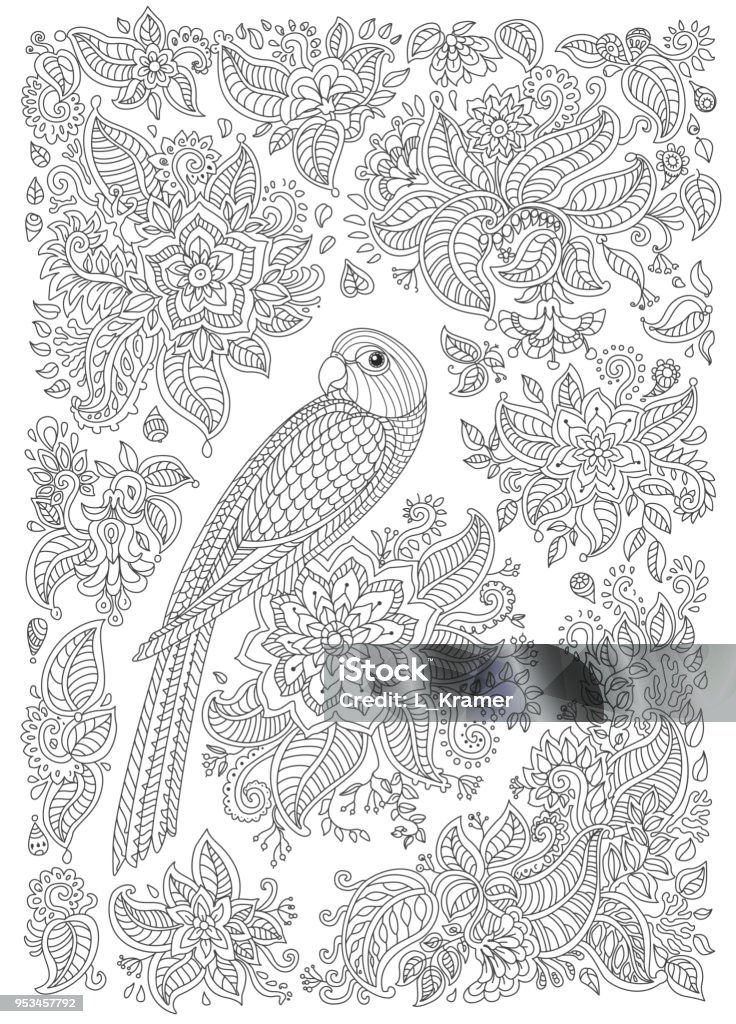 Oiseau exotique avec fleurs fantastiques, branches, feuilles. Noir et blanc contour mince ligne de démarcation. Vector fantaisie décoratifs stylisés perroquet silhouette dans la jungle. T-shirt impression, peinture Batik. Adultes Coloring book page verticale - clipart vectoriel de Image en noir et blanc libre de droits