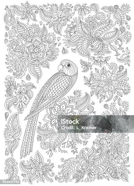 Oiseau Exotique Avec Fleurs Fantastiques Branches Feuilles Noir Et Blanc Contour Mince Ligne De Démarcation Vector Fantaisie Décoratifs Stylisés Perroquet Silhouette Dans La Jungle Tshirt Impression Peinture Batik Adultes Coloring Book Page Verticale Vecteurs libres de droits et plus d'images vectorielles de Image en noir et blanc