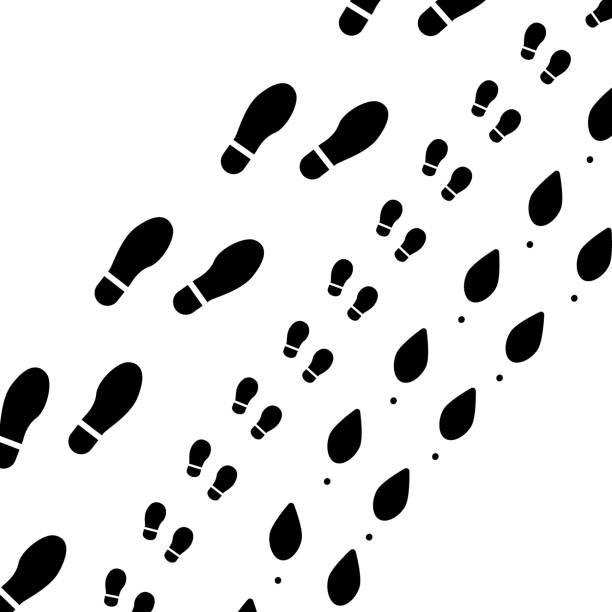 Family traces silhouette Family traces silhouette. Man, woman and child foot trail high heel footprint stock illustrations