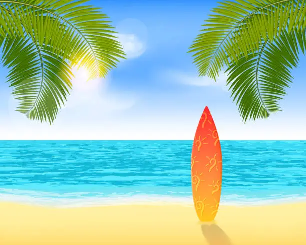 Vector illustration of Bright summer vacation background with plage and palms