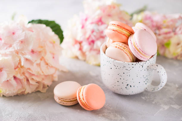 istock Spring mood still life with macaroons in cup and flowers 953459470