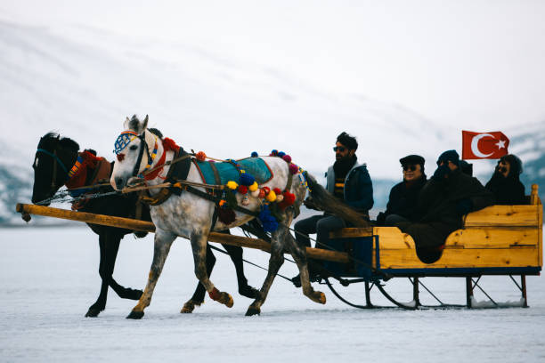 Horse cart. Kars - Turkey - March 6, 2018: Sleigh pulled by a horse in lake frozen Cildir. Traditional Turkish winter fun. Cildir lake view at background. Taken on March 06.2018 in Cildir Lake , Kars , Turkey covered wagon horse cart snow winter stock pictures, royalty-free photos & images