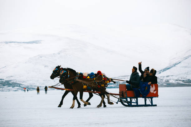 Horse cart. Kars - Turkey - March 6, 2018: Sleigh pulled by a horse in lake frozen Cildir. Traditional Turkish winter fun. Cildir lake view at background. Taken on March 06.2018 in Cildir Lake , Kars , Turkey covered wagon horse cart snow winter stock pictures, royalty-free photos & images