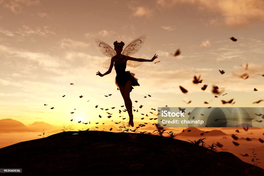3d rendering of a fairy on a tree trunk on the sky of a sunset or sunrise surrounded by flock butterflies Fairy Stock Photo