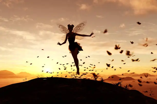 Photo of 3d rendering of a fairy on a tree trunk on the sky of a sunset or sunrise surrounded by flock butterflies