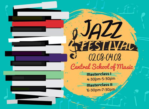 Jazz poster image Retro jazz festival poster with a piano keyboard in bright colors. Editable vector illustration. Landscape image in a modern style useful for musical concert or festival poster design. caricature portrait board stock illustrations