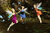 3d rendering of a fairies flying in magical forest surrounded by flock butterflies