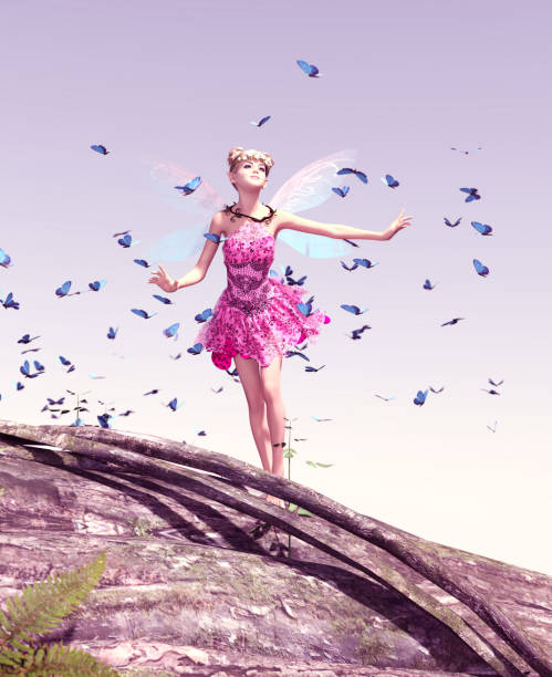 istock 3d rendering of a fairy on a tree trunk on the sky surrounded by flock butterflies 953460302