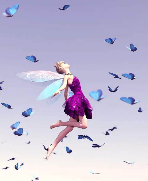 Photo of 3d rendering of a fairy flying on the sky surrounded by flock butterflies