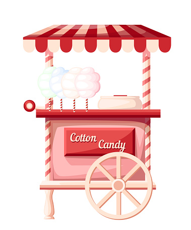 Pink cotton candy cart kiosk on wheels portable store idea for festival vector illustration isolated on white background web site page and mobile app design.