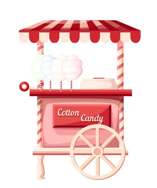 Vector illustration of Pink cotton candy cart kiosk on wheels portable store idea for festival vector illustration isolated on white background web site page and mobile app design
