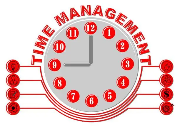 Vector illustration of Time management thema with glock face and business icons, gray and red design on white background