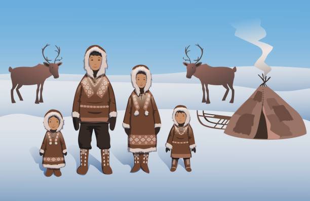 Eskimo family in traditional outfit standing by inuit hut. Eskimos and deers on the Northern landscape. Flat vector illustration. Horizontal Eskimo family in traditional outfit standing by inuit hut. Eskimos and deers on snowy Northern landscape. Flat vector illustration. Horizontal houses in antarctica stock illustrations