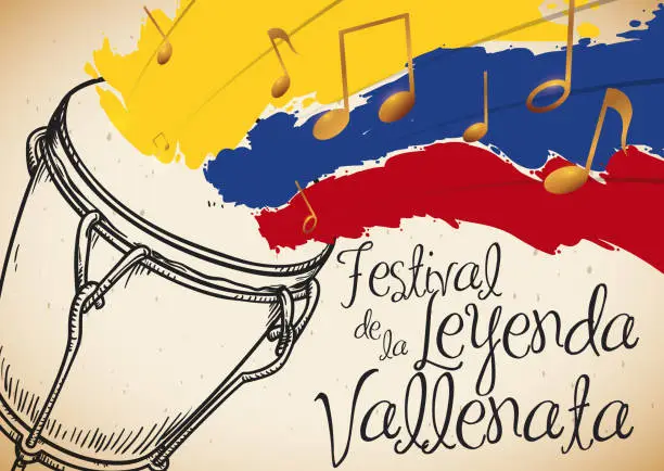 Vector illustration of Hand Drawn Caja and Tricolor Brushstrokes for Vallenato Legend Festival