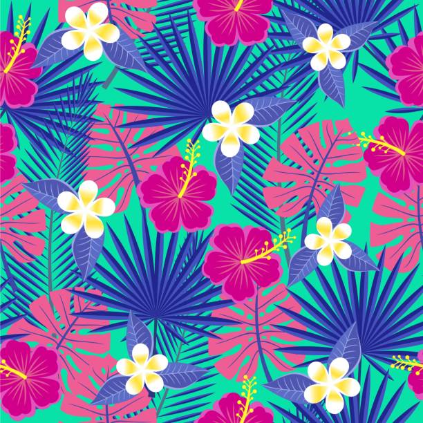の葉と花のシームレスな - hawaiian culture hibiscus flower pattern点のイラスト素材／クリップアート素材／マンガ素材／アイコン素材