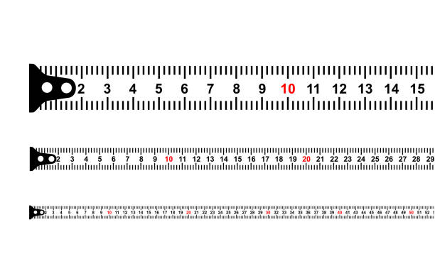 illustrazioni stock, clip art, cartoni animati e icone di tendenza di classico strumento a nastro con misuratori e centimetri per attrezzature per muratori e costruzioni - tape measure centimeter ruler instrument of measurement