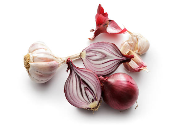 Vegetables: Red Onions and Garlic Isolated on White Background
