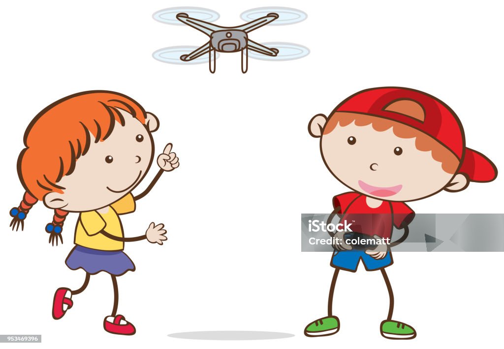 Doodle kid Flying Drone on White Background Doodle kid Flying Drone on White Background illustration Air Vehicle stock vector