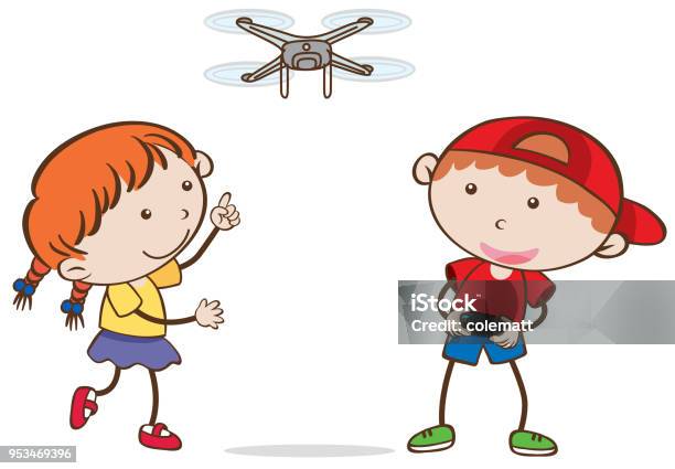 Doodle Kid Flying Drone On White Background Stock Illustration - Download Image Now - Air Vehicle, Art, Book