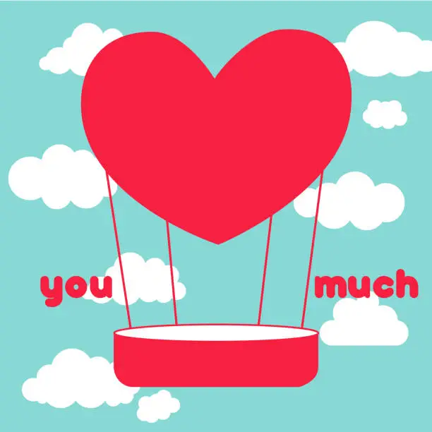 Vector illustration of heart balloon with a lettering.funny clouds