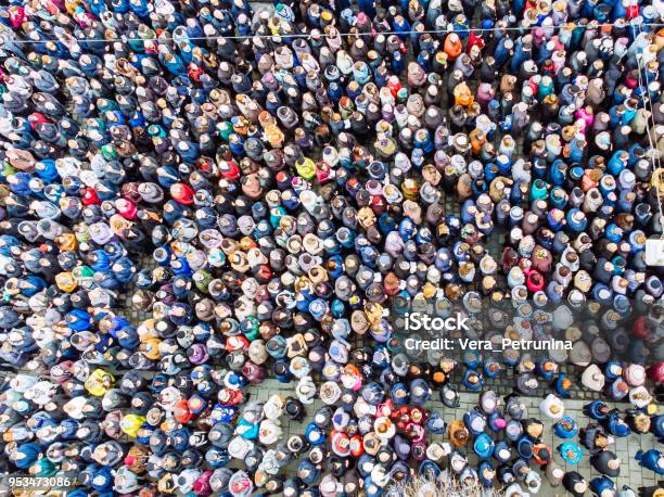 Above View On Crowd Big Amount Of People Stock Photo - Download Image Now - Crowd of People, Population Explosion, People