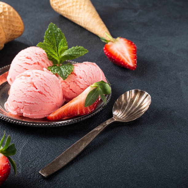 istock Flat lay with strawberry ice cream 953473088