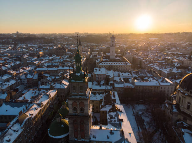 istock beauty sunset over old european city. birds eye view 953473122