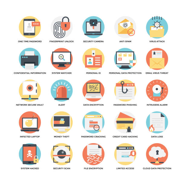 Security and Protection Flat Vector Icons Set This pack of security and protection has various icons belonging to the category  of web servers, databases, internet data, web information and so forth. It is an excellent pack to be used in projects such as internet privacy, database security, online protection, e-threats and antiviruses, security softwares and many more. cyber security awareness stock illustrations
