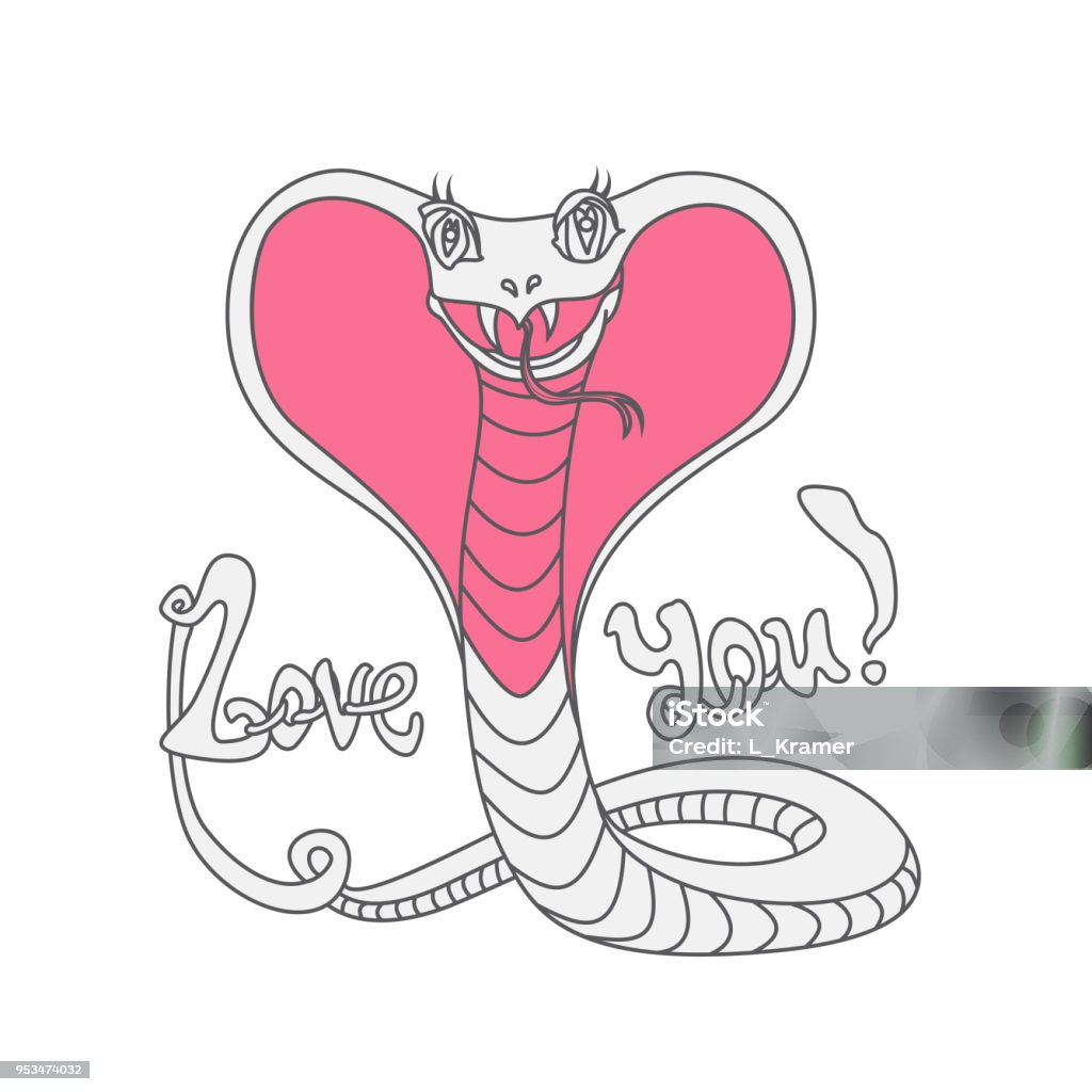 Vector cartoon humorous illustration of funny smiling cobra with bloated snake hood in the form of a pink heart on a white background. Adults coloring book page, poster, Valentine day greeting card Pen And Ink stock vector
