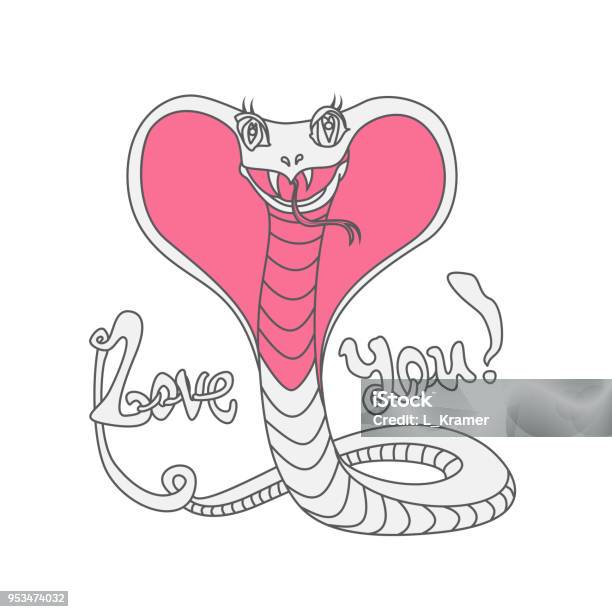 Vector Cartoon Humorous Illustration Of Funny Smiling Cobra With Bloated Snake Hood In The Form Of A Pink Heart On A White Background Adults Coloring Book Page Poster Valentine Day Greeting Card Stock Illustration - Download Image Now