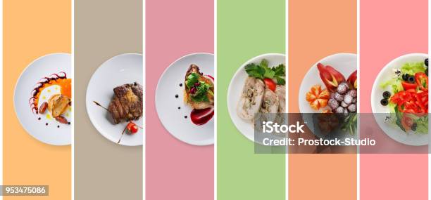 Collage De Platos Del Restaurante En Colores De Fondo Foto de stock y más banco de imágenes de Alimento