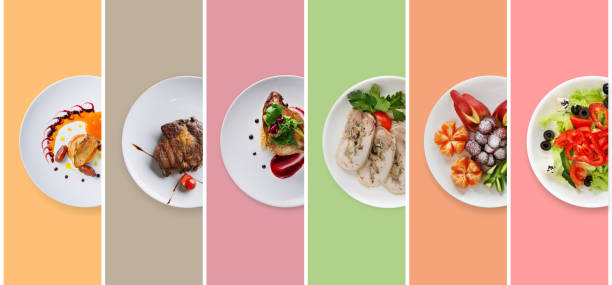 collage restaurant gerechten op kleurrijke achtergrond - bord serviesgoed fotos stockfoto's en -beelden