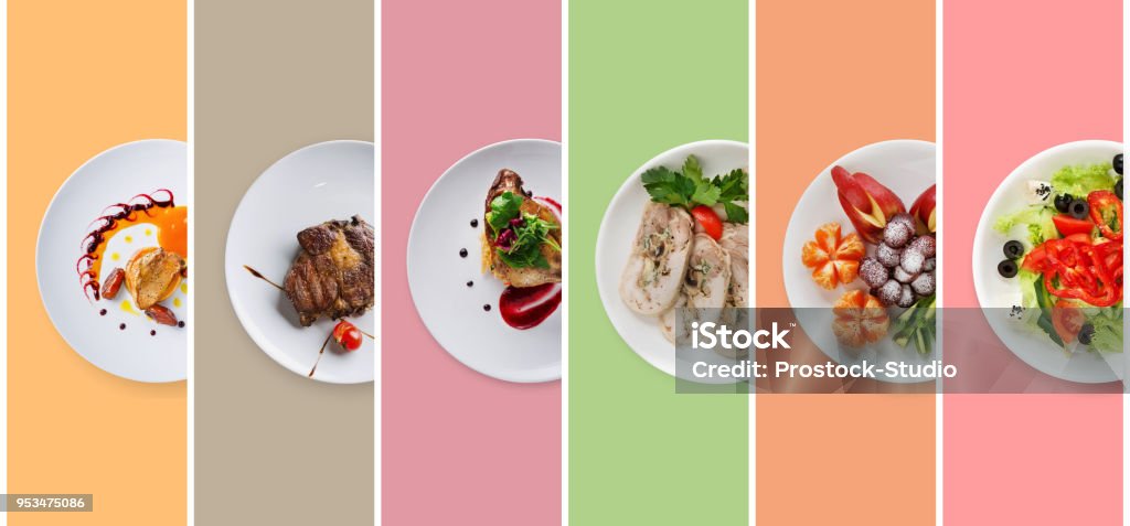 Collage of restaurant dishes on colorful background Set of various restaurant meals on colorful background. Collage of different main courses, meat and fish dishes with garnish, salads and desserts, business lunch concept, top view Food Stock Photo