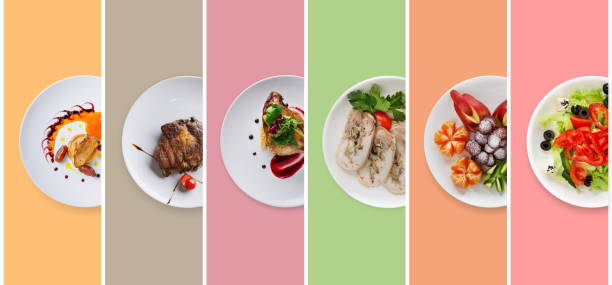 Collage of restaurant dishes on colorful background Set of various restaurant meals on colorful background. Collage of different main courses, meat and fish dishes with garnish, salads and desserts, business lunch concept, top view fish in a bowl stock pictures, royalty-free photos & images