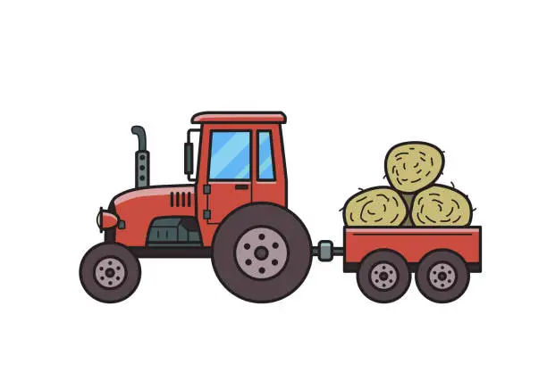 Vector illustration of Red tractor with trolley full of hay bales. Farm vehicle, side view. Isolated image on white background. Vector illustration. Flat style.