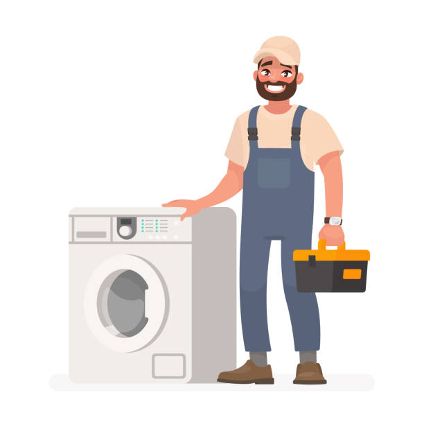 Happy repairman and washing machine. Vector illustration Happy repairman and washing machine. Vector illustration in cartoon style appliance repair stock illustrations