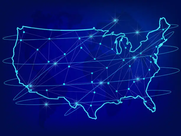 Vector illustration of Global logistics network concept. Communications network map of the USA on the world background. USA map with nodes in polygonal style. Vector illustration EPS10.