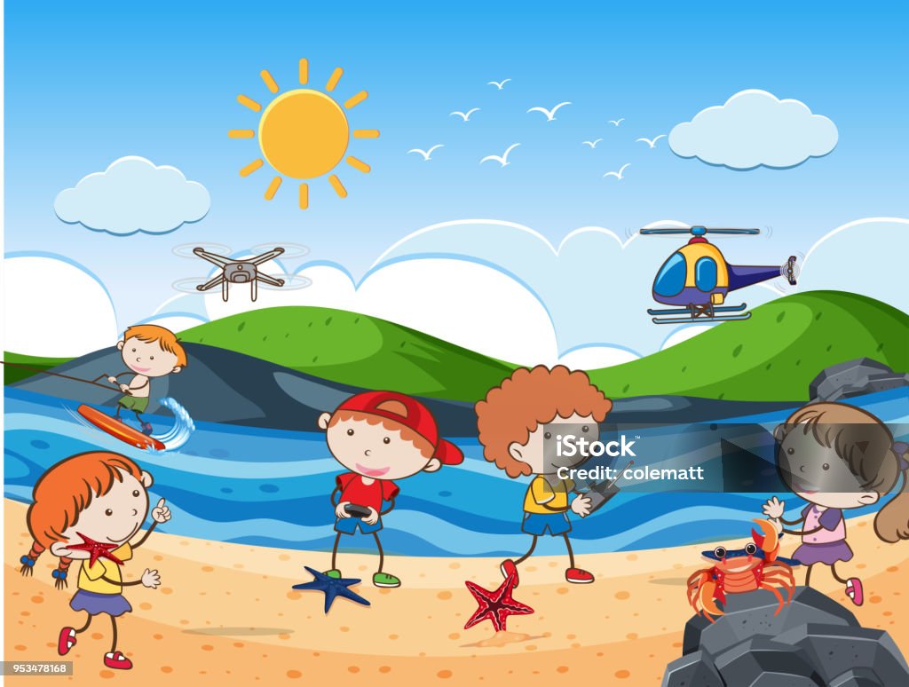 Crianças sobrevoando Drones praia de férias - Vetor de Acenar royalty-free