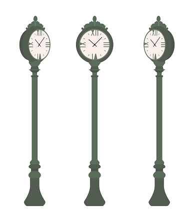 Green street clock set. Sidewalk post streetscape or park setting device for measuring time, hours, minutes. Landscape architecture and urban design concept. Vector flat style cartoon illustration