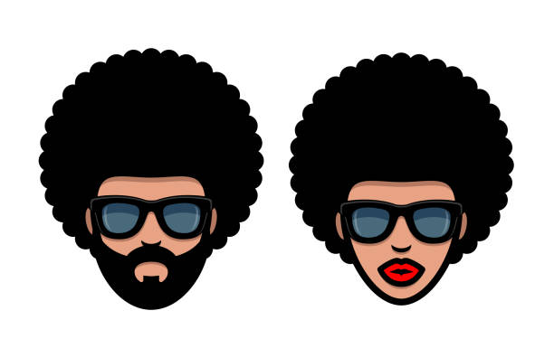 Funky woman and man in sunglasses with Afro hair Funky woman and man in sunglasses with Afro hair cartoon characters with big heads stock illustrations