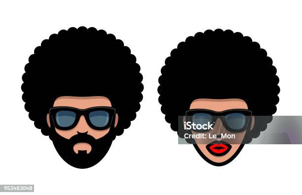 Funky Woman And Man In Sunglasses With Afro Hair Stock Illustration - Download Image Now - Afro Hairstyle, Men, Logo